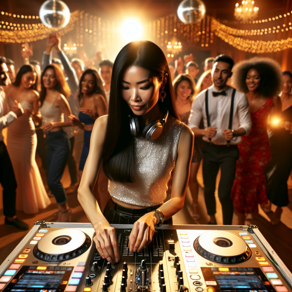A DJ performing at a wedding reception with guests dancing.