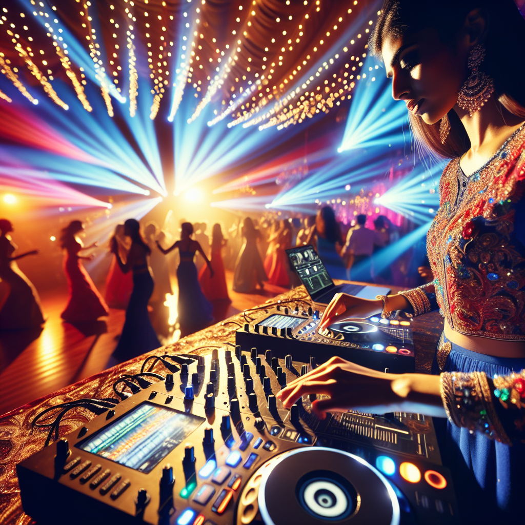 A DJ performing at a joyous wedding reception with colorful lighting and happy guests dancing in the background.