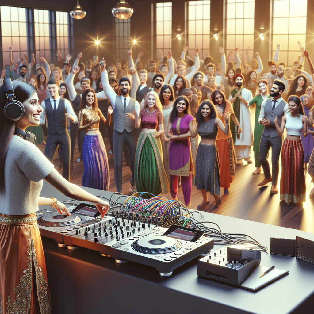 Realistic Image Of A Dj At A Wedding Reception With Guests And Colorful Lighting.