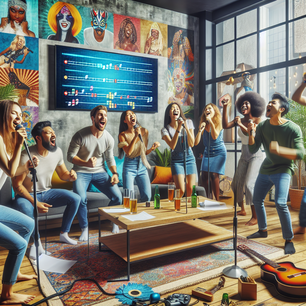 A lively and realistic karaoke party scene with people singing and enjoying themselves in a modern and colorful living room.