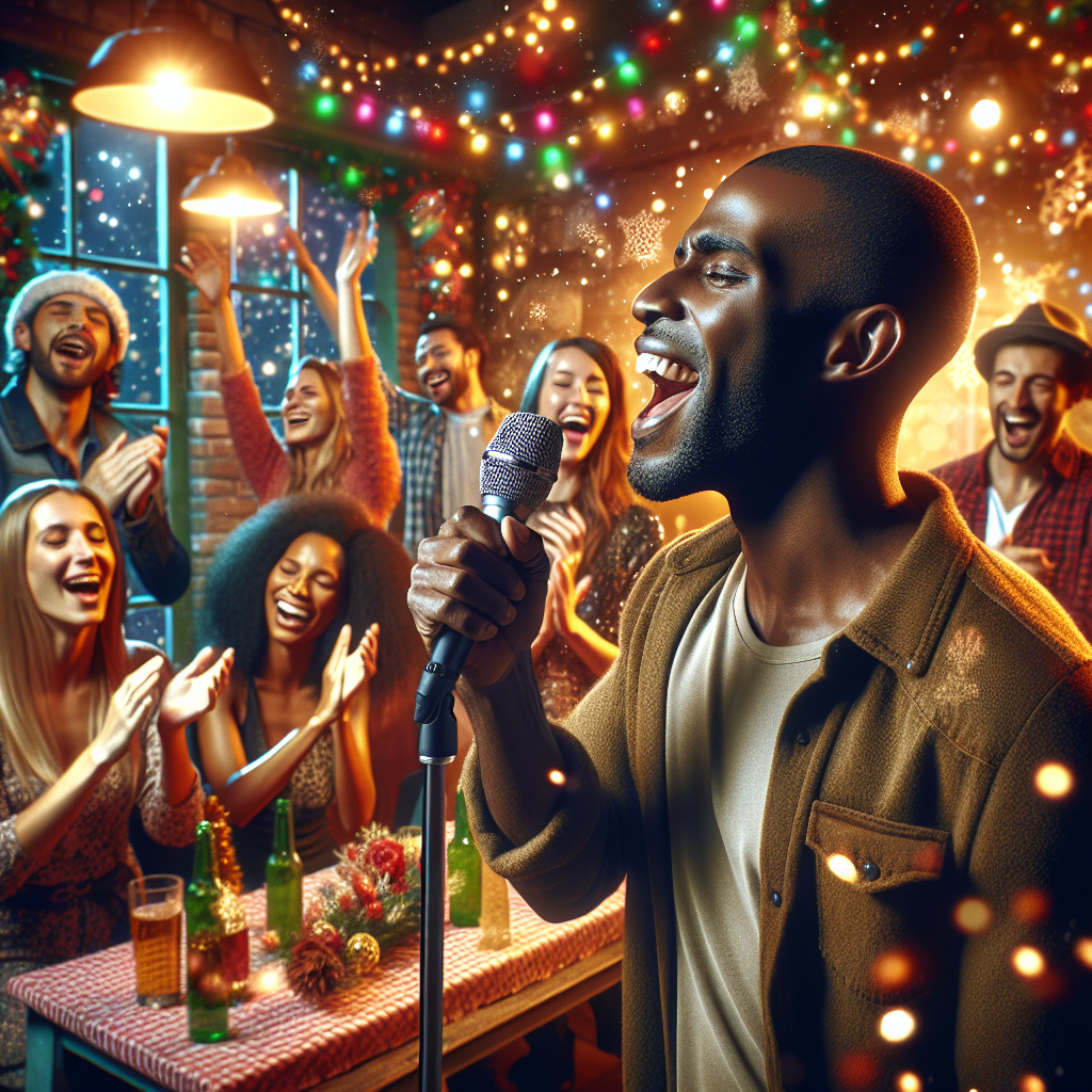 A realistic scene of a karaoke party with people singing, decorations, colorful lights, and expressions of joy and laughter.