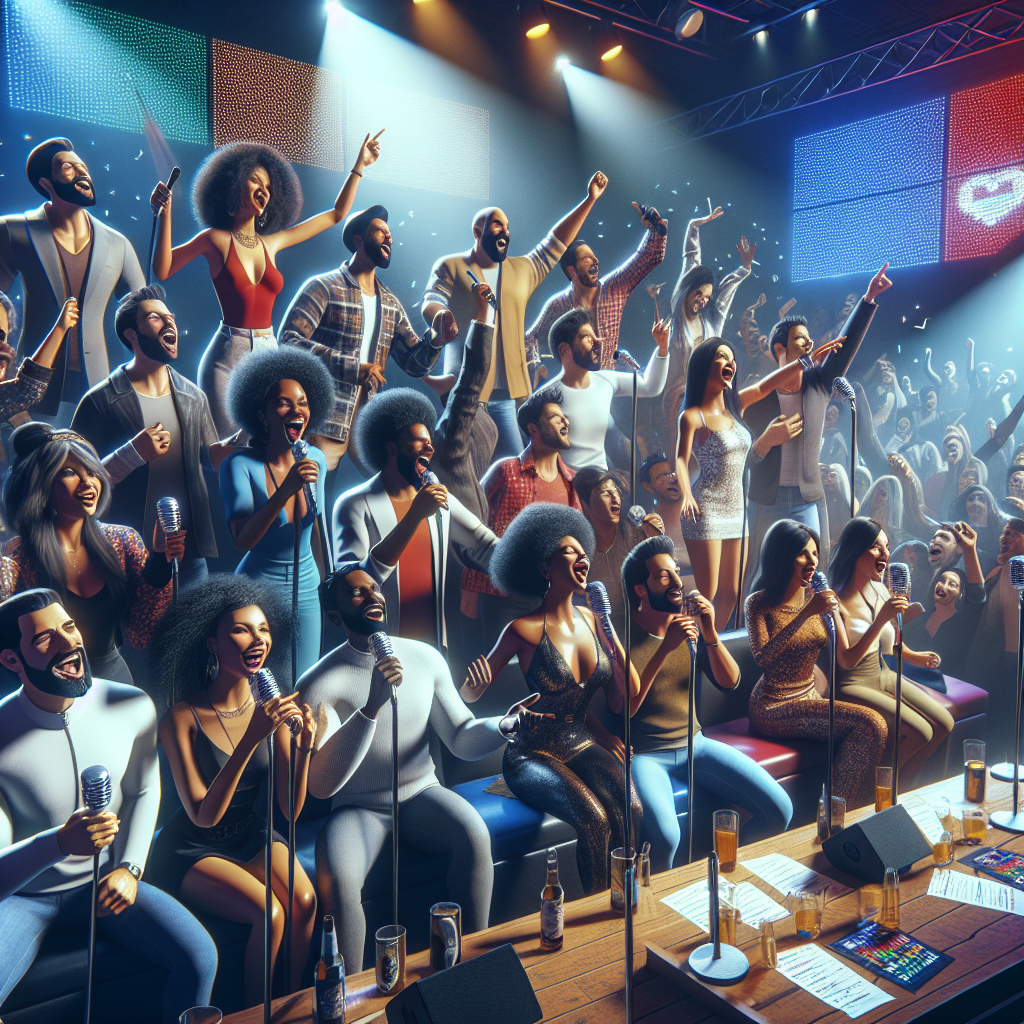 A Realistic Image Of A Lively Karaoke Party With People Singing And Enjoying Themselves.