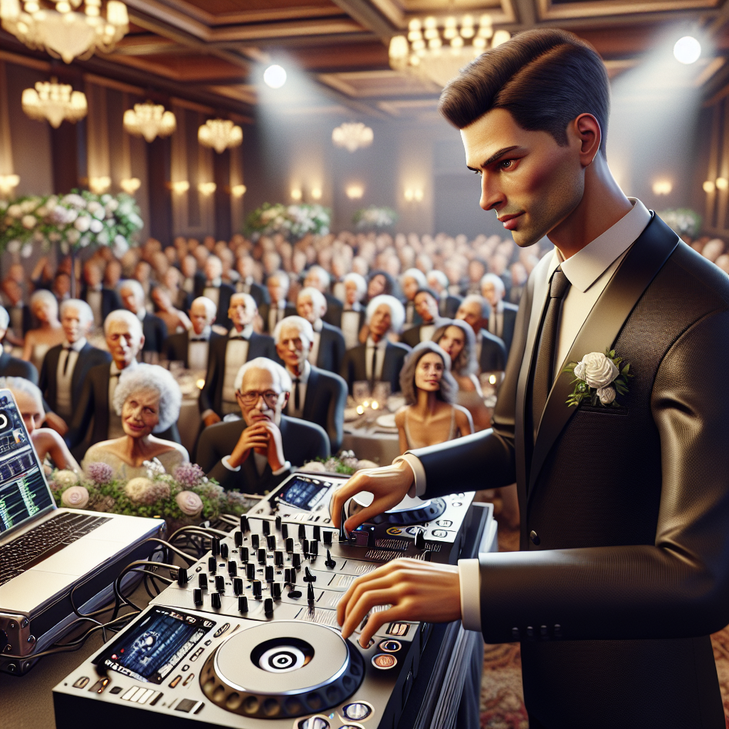 A Realistic Scene Of A Wedding Dj Introduction With An Energetic Crowd And Professional Dj Setup.