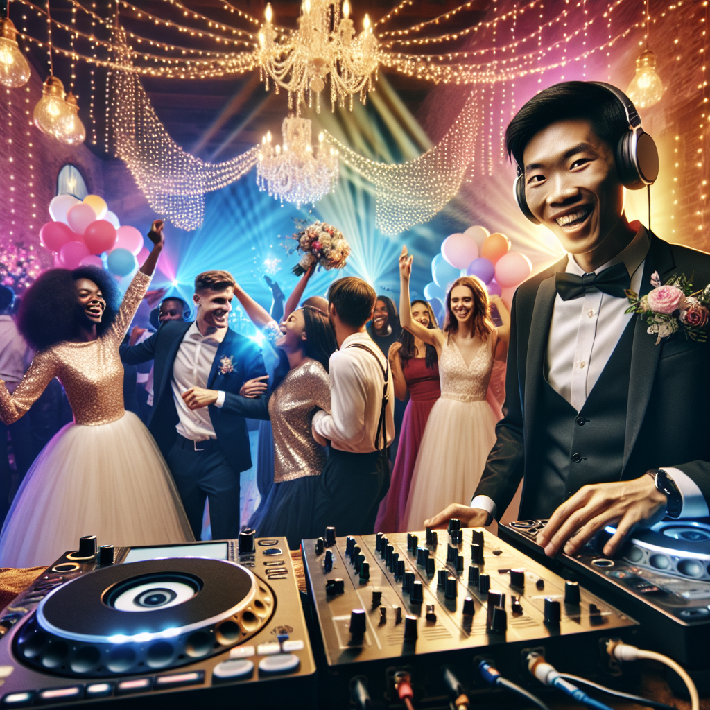 A Dj Introducing Newlyweds At A Wedding, With Modern Dj Equipment, Happy Couple Dancing, And An Elegantly Decorated Venue.