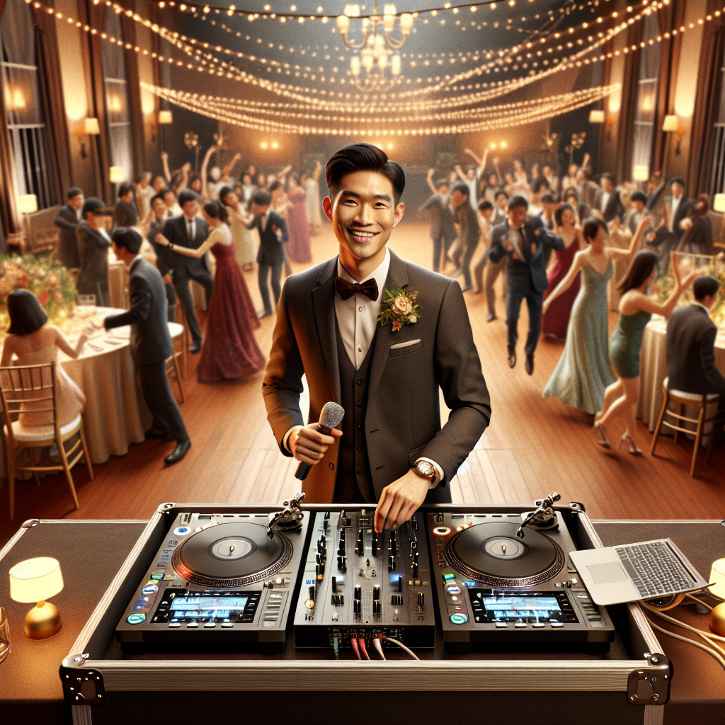 A Realistic Image Of A Wedding Dj Introducing A Song At A Wedding Reception.