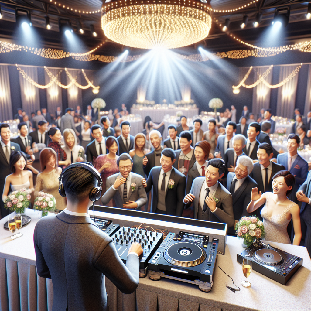A Realistic Depiction Of A Wedding Dj Introduction With A Professional Setup In An Elegantly Decorated Venue.