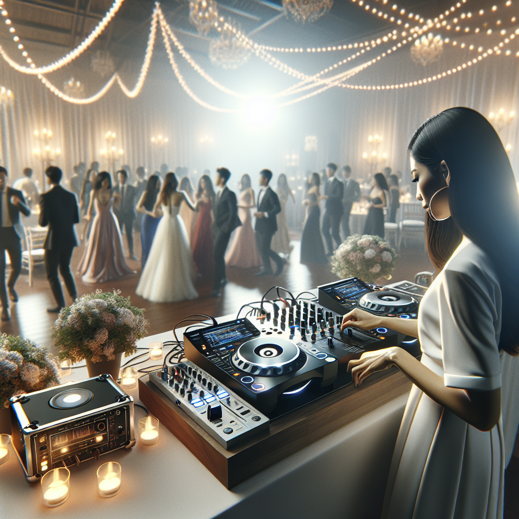 Wedding Dj Setup At An Event With Professional Equipment And Guests Enjoying The Music.
