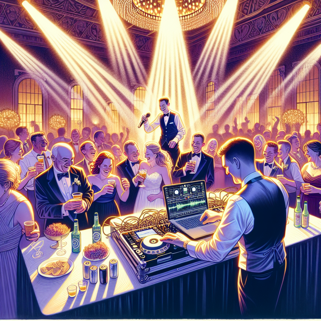 A Realistic Scene Of A Wedding Dj Performing At A Wedding Reception In Portland, Maine, With Guests Dancing And A Beautifully Decorated Venue.