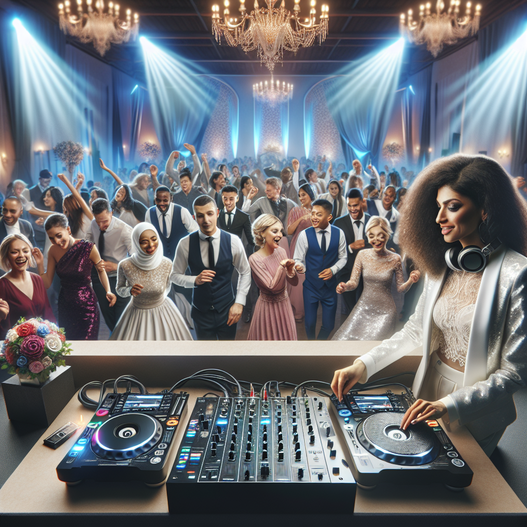 A Realistic Image Of An Experienced Wedding Dj At A Lively Wedding Celebration.