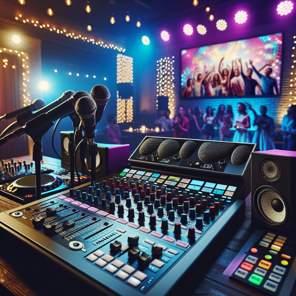 A Realistic Image Of A Karaoke Dj Rental Setup At A Lively Indoor Party.