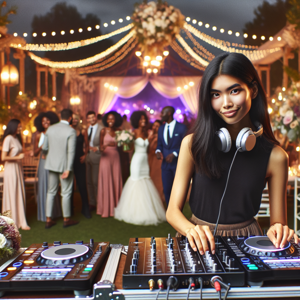 Experienced Wedding Dj At An Outdoor Wedding Reception Behind A Modern Dj Booth With Guests Dancing.