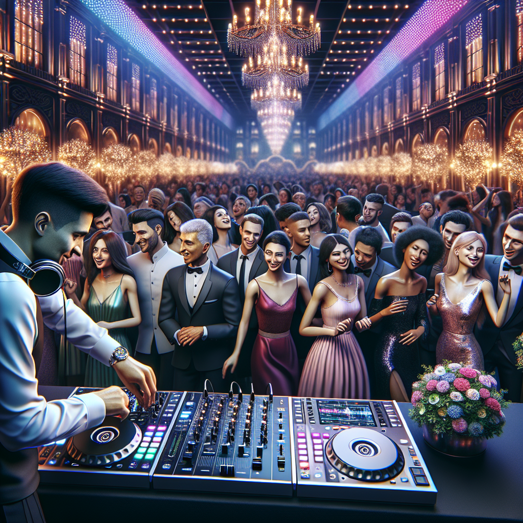 A Wedding Dj Performing In A Lively Evening Event With Colorful Led Lights And Guests Dancing.