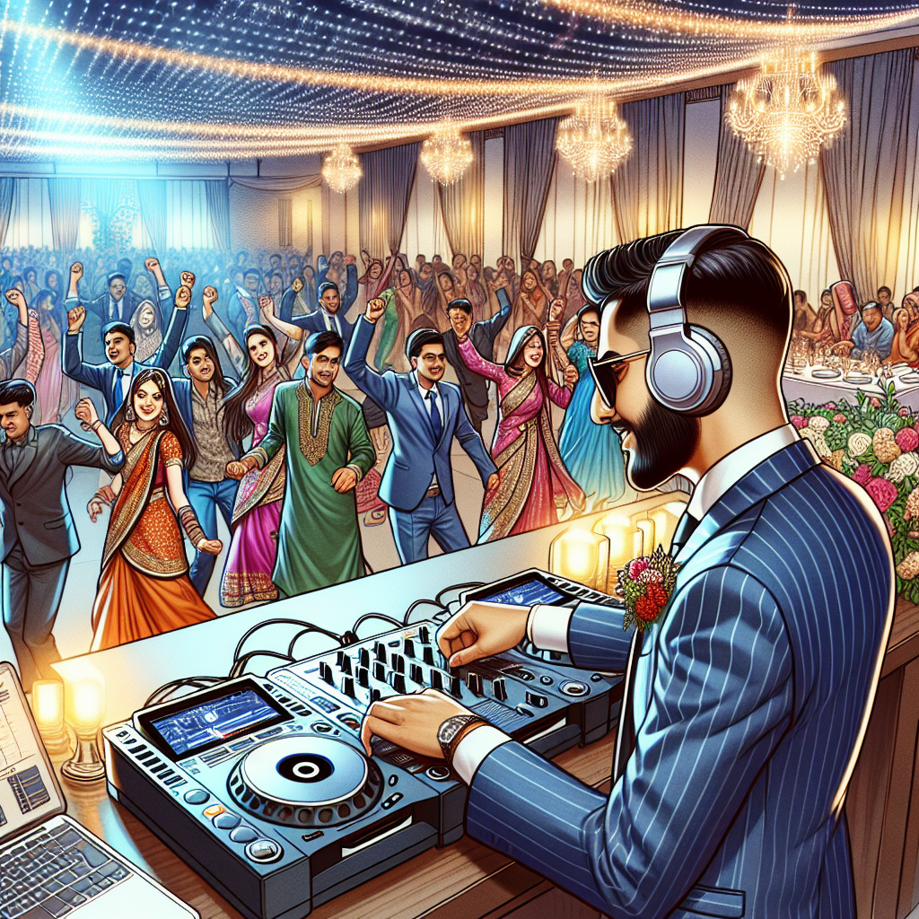 A Wedding Dj At A Lively Reception, With Colorful Lights And Dancing Guests.