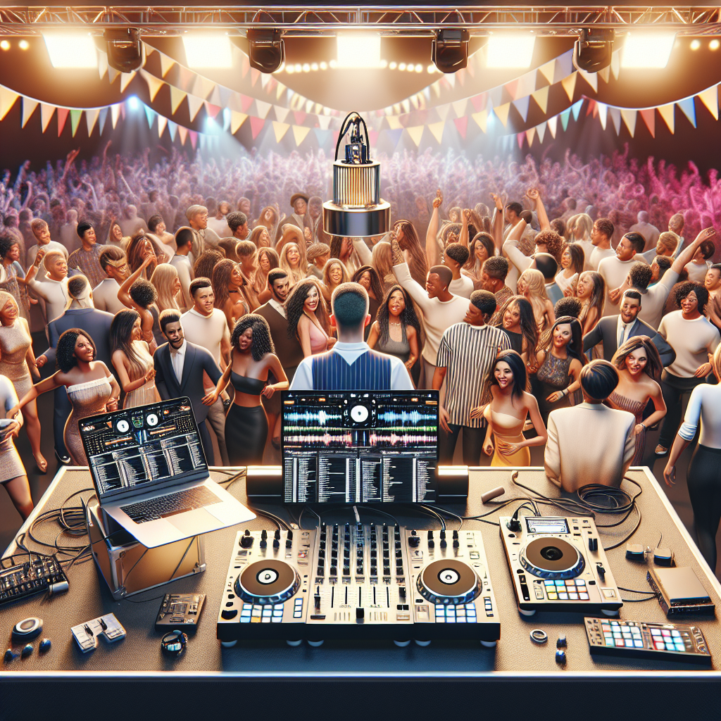 A Realistic Image Of A Dj Performing At An Event In Maine, Showcasing Modern Dj Equipment And A Lively Crowd.