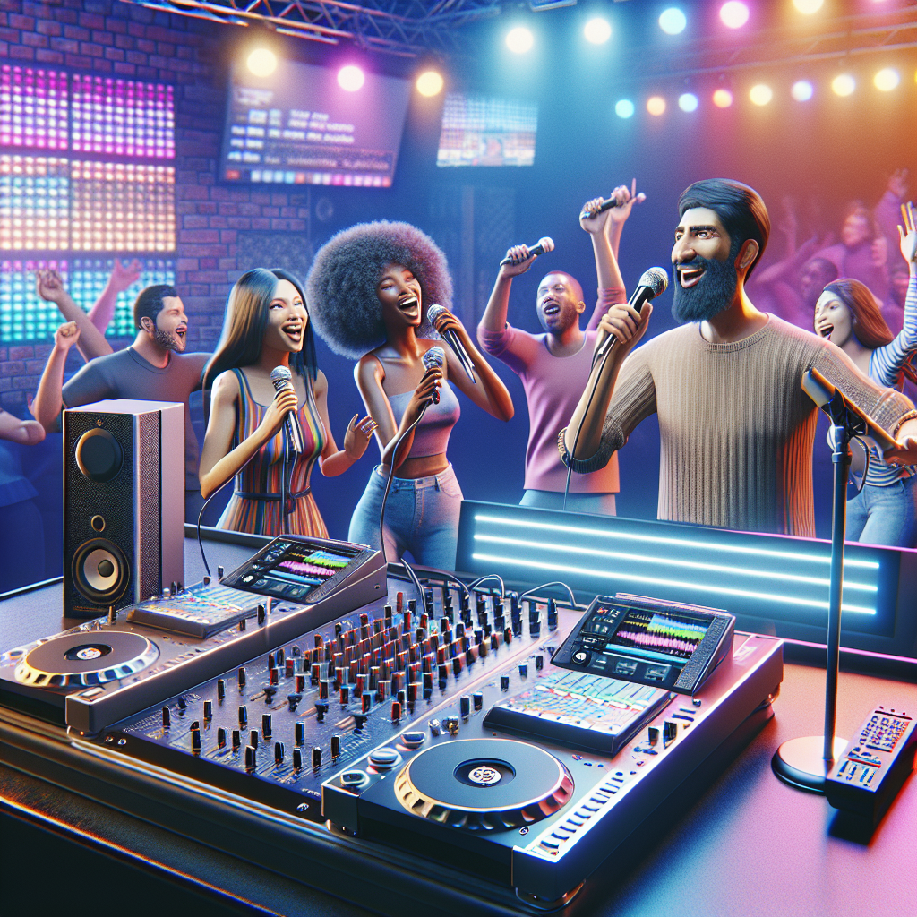 A Karaoke Dj Setup For Rental With Professional Equipment And People Singing Karaoke In A Lively Environment.