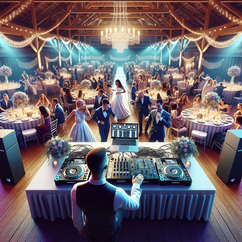 A Realistic Image Of A Maine Wedding Dj Setup At A Wedding Reception.