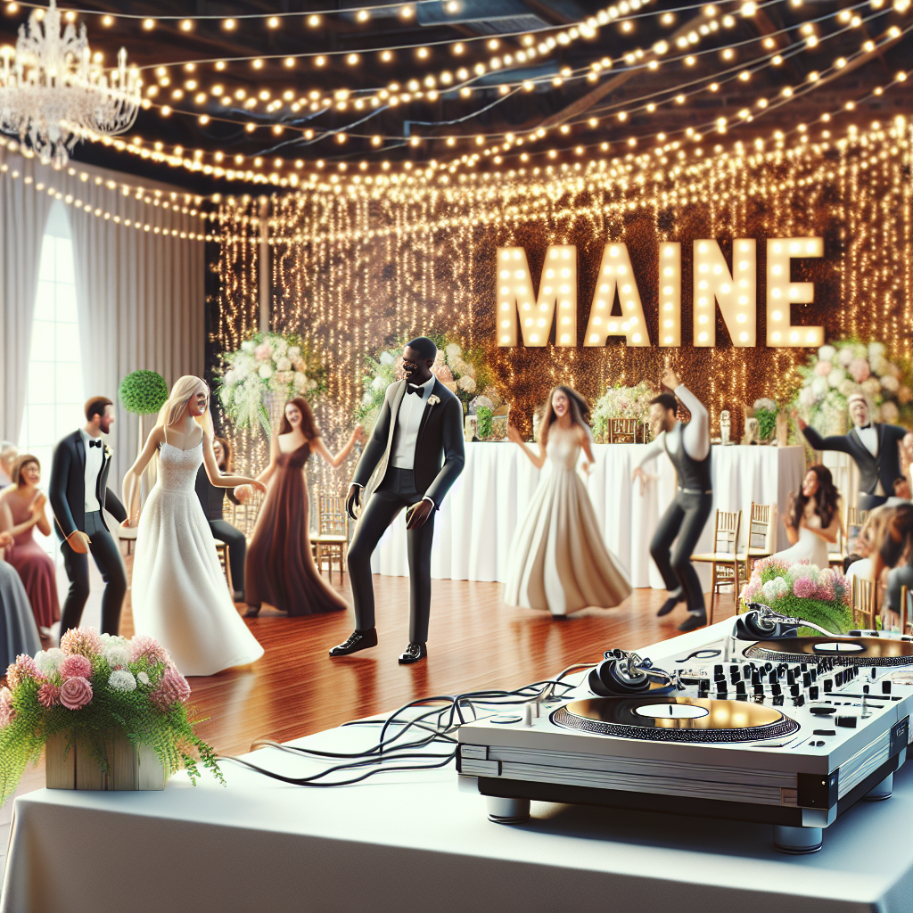 A Realistic Image Of A Wedding Dj Setup At A Maine Wedding With Guests And A Dance Floor.