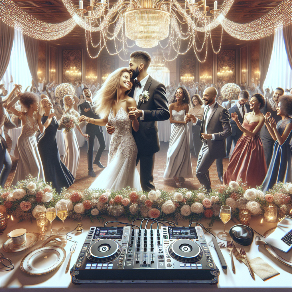 A realistic wedding scene in Poland, Maine, with a DJ booth, dancing couple, and festive decorations.