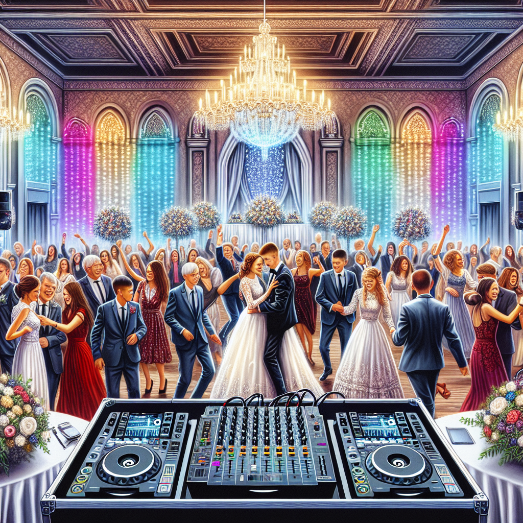 A wedding reception in Poland, Maine with a DJ booth, dancing guests, and festive decorations.