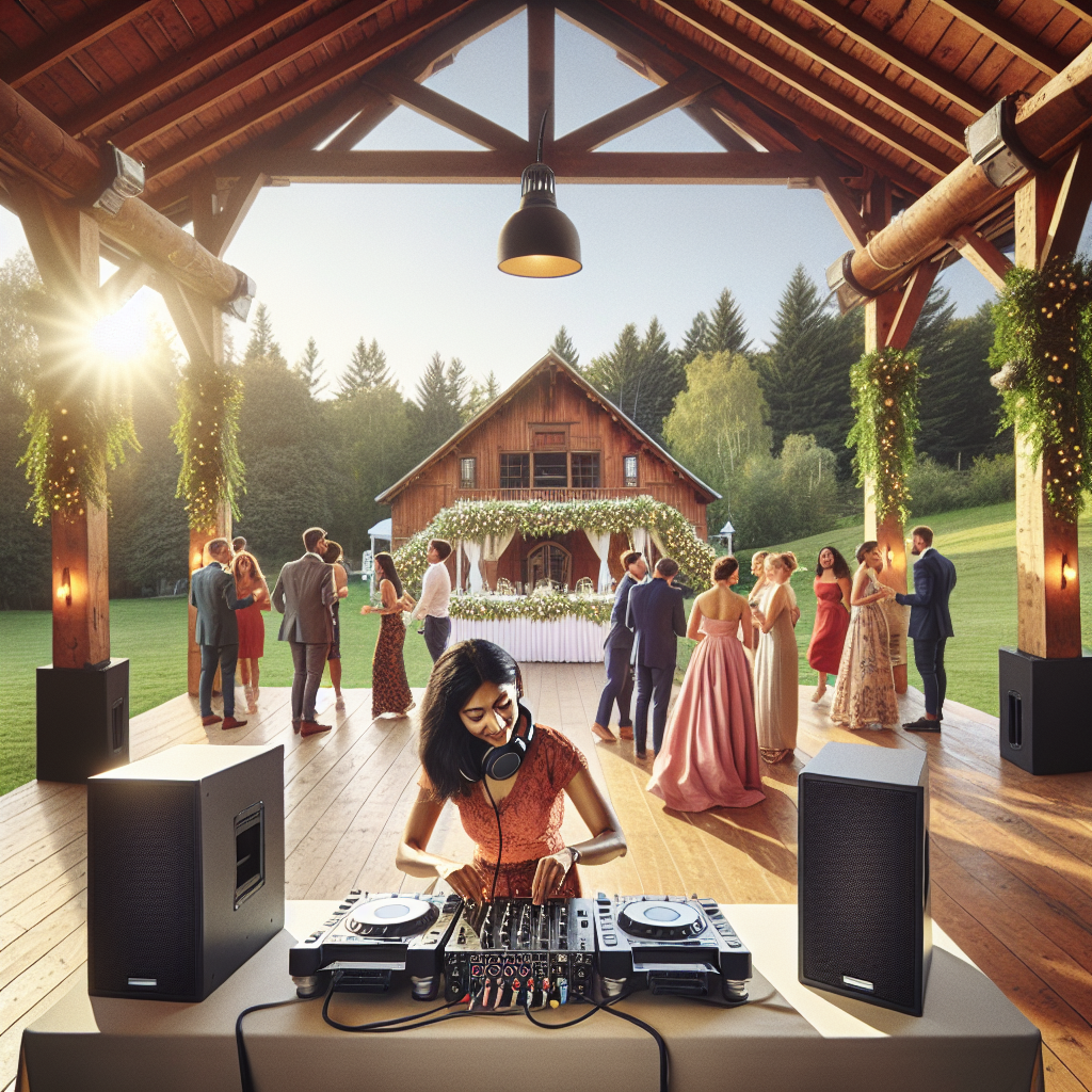 A wedding DJ setting up at an outdoor wedding reception in Poland, Maine with a wooden dance floor, elegant lighting, and guests mingling.