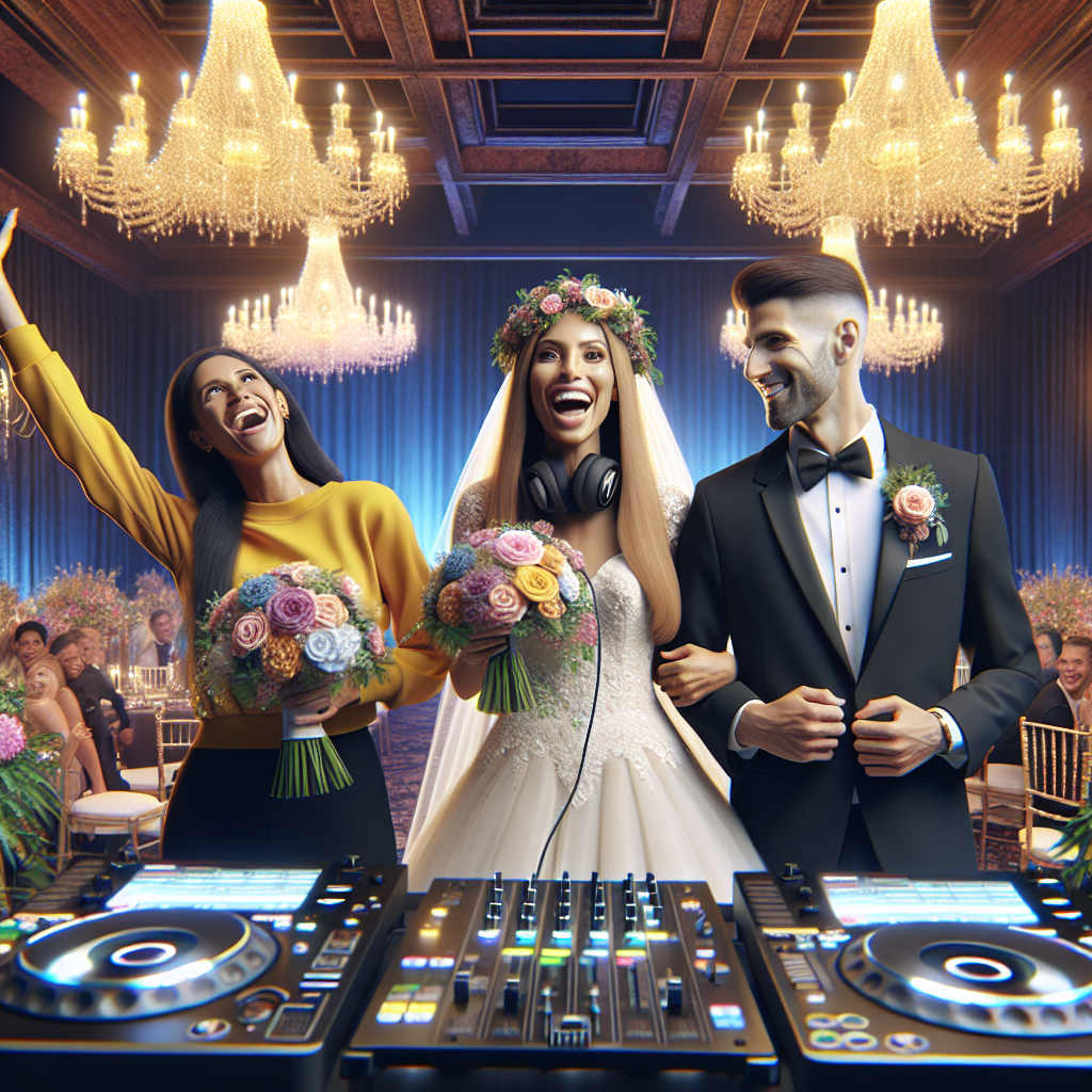 A Realistic Image Of A Wedding Dj Introducing The Newlyweds In A Beautifully Decorated Venue.