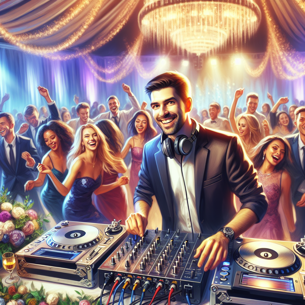 A Wedding Dj At Work, Entertaining A Lively Crowd At A Wedding Reception.