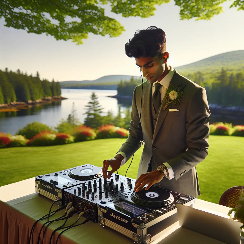 A Maine wedding DJ preparing his booth at a serene outdoor wedding venue in Damariscotta, Maine with green landscapes and gentle waterways in the background.