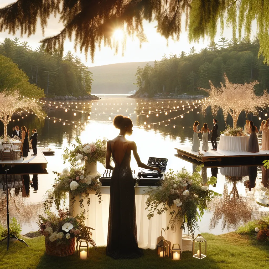 A lakeside wedding scene in Damariscotta, Maine, with a DJ booth and a wedding DJ, surrounded by serene water and string lights at golden hour.