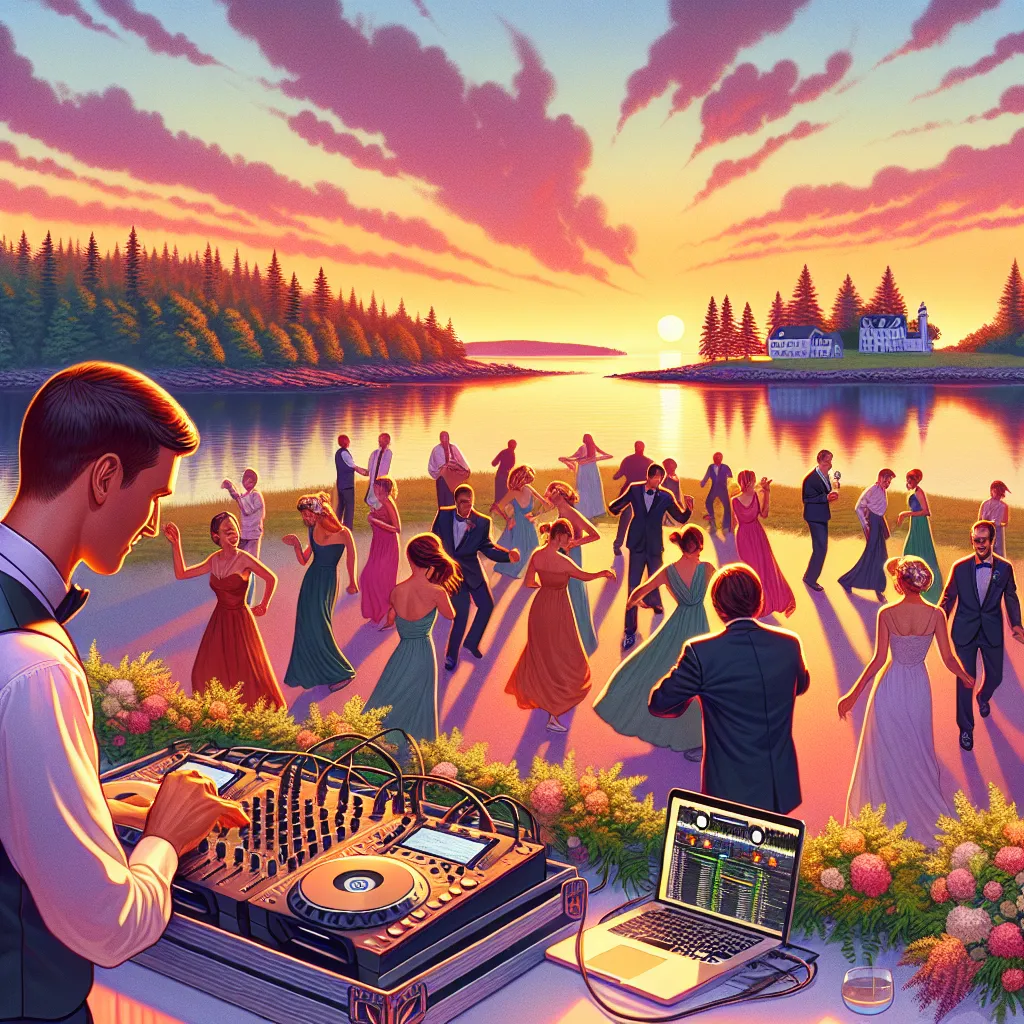 A professional wedding DJ at a sound setup during a sunset wedding reception in Damariscotta, Maine, with guests dancing and a scenic waterway background.