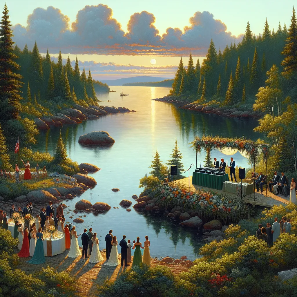 Serene landscape of Damariscotta, Maine, with subtle hints of a wedding and DJ equipment by the waterway at sunset.