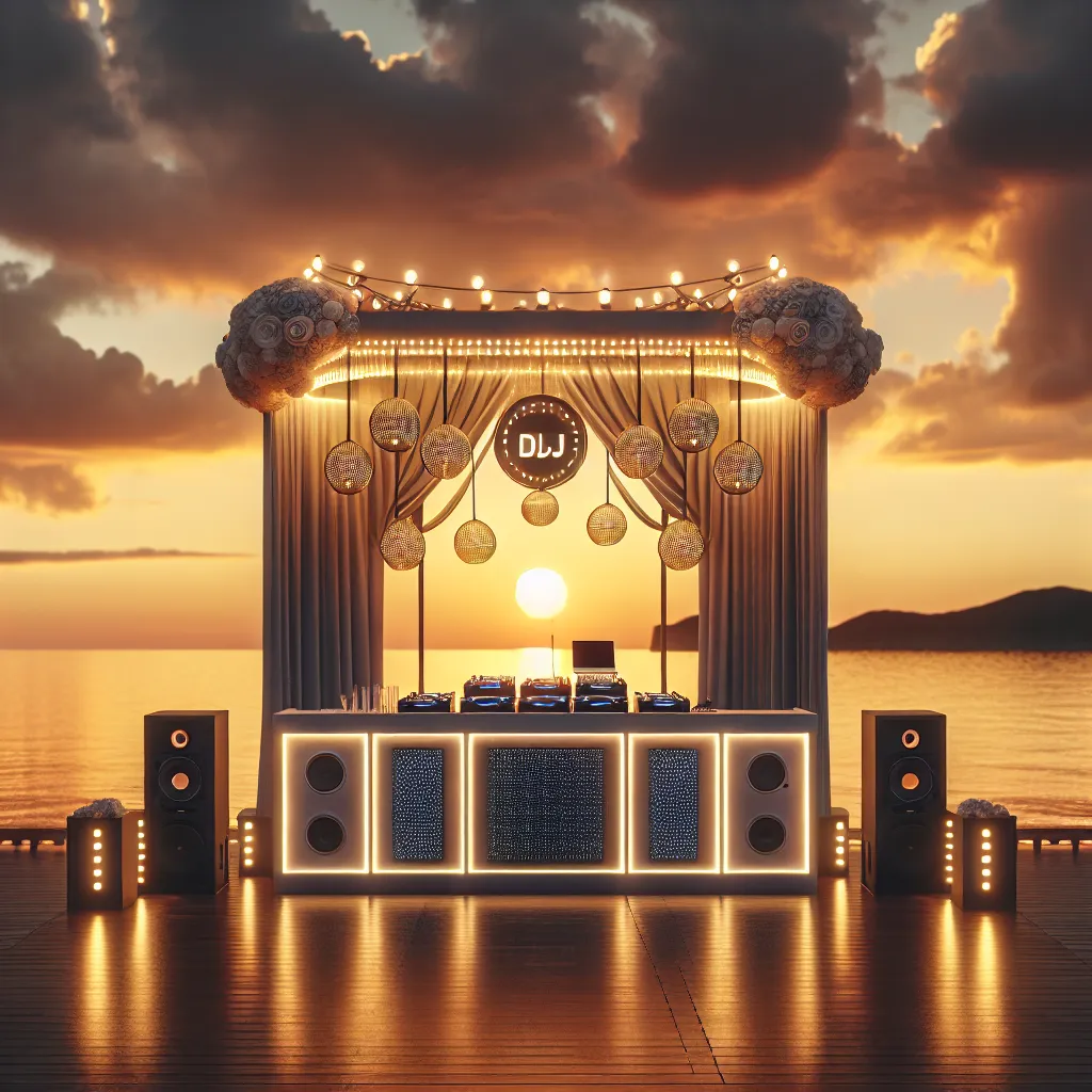 Wedding DJ booth with advanced sound equipment at a coastal venue in Wiscasset, Maine during sunset.