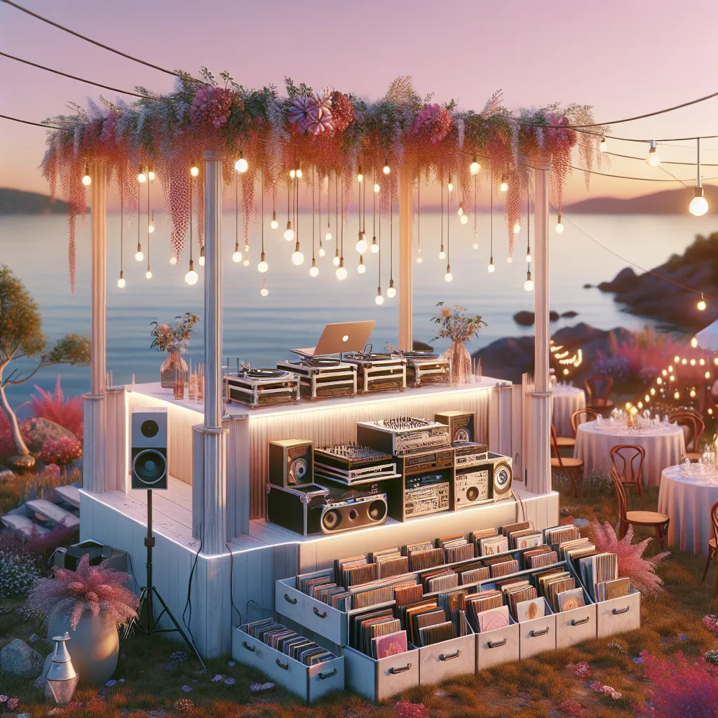 Outdoor wedding DJ booth setup in a coastal landscape of Wiscasset, Maine, with sunset light and festive decorations, with no text visible.