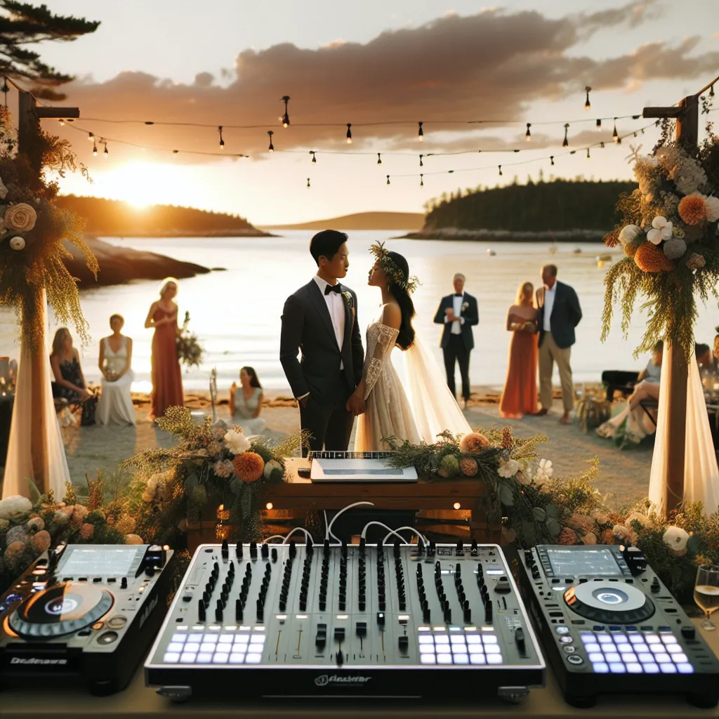 Picture-perfect coastal wedding scene in Wiscasset, Maine with DJ booth and golden hour lighting.