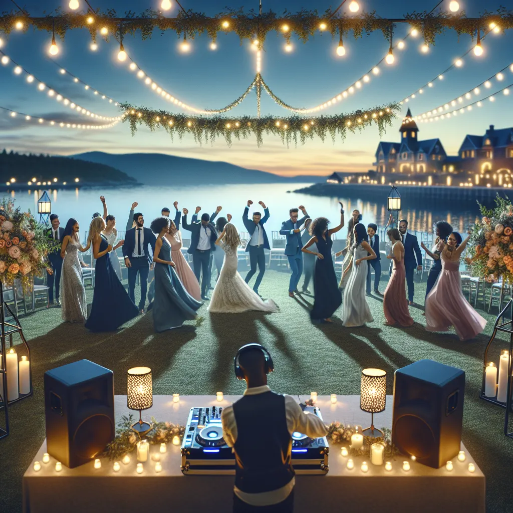A festive outdoor wedding reception in Wiscasset, Maine with a DJ in the background and guests dancing under string lights at dusk.