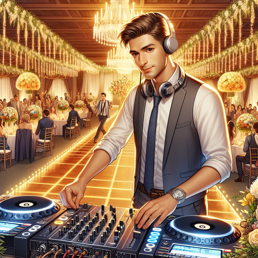 Professional wedding DJ in Jay, Maine, operating at a beautifully decorated wedding venue with dancing couples.