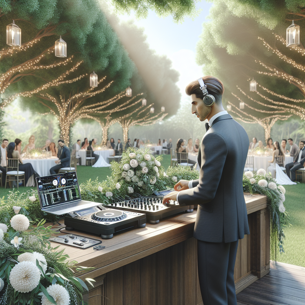Professional wedding DJ performing at an outdoor wedding in Jay, Maine with guests dancing.