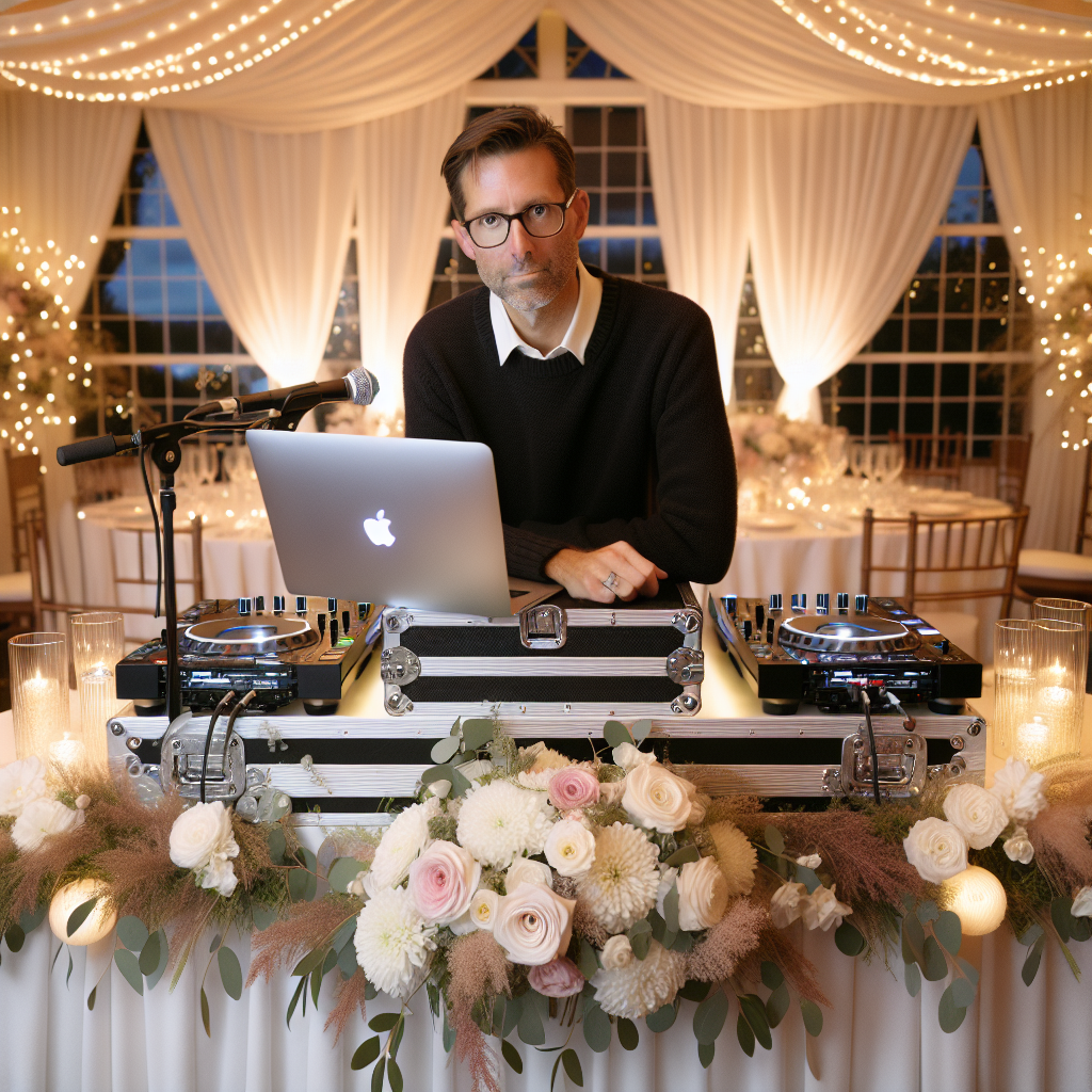 A realistic depiction of a wedding DJ setup in Jay, Maine with a professional DJ booth and elegant decorations.