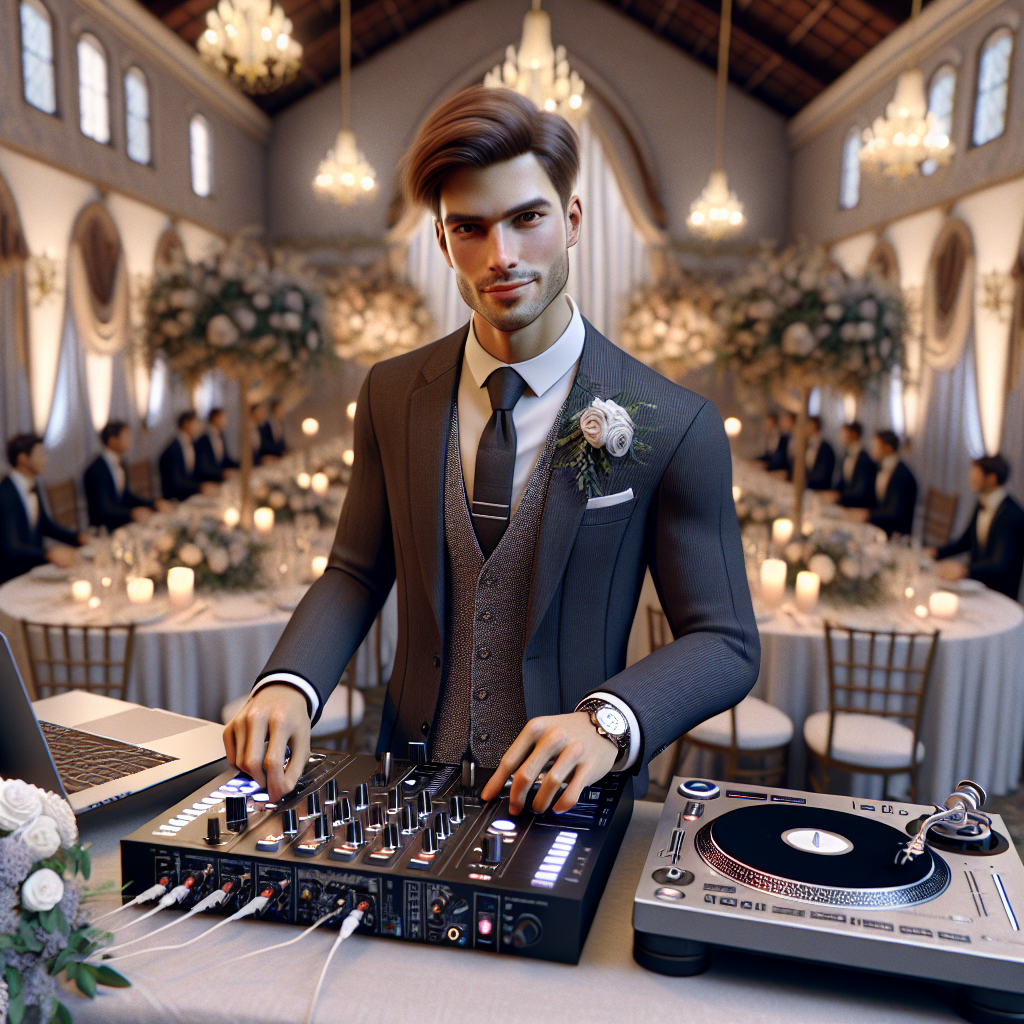 A professional wedding DJ setup at an elegant venue with a DJ operating the equipment.