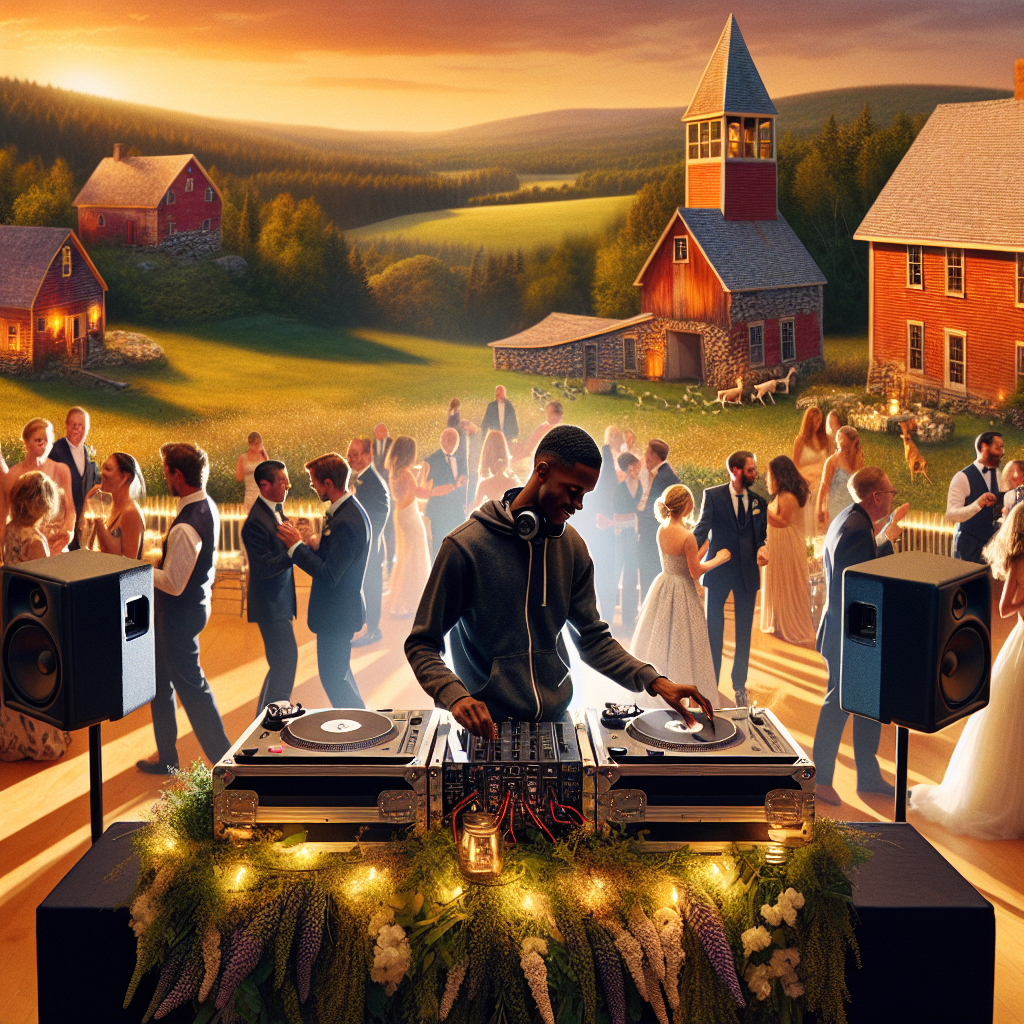 A realistic depiction of a wedding DJ in Casco, Maine with guests joyously dancing in a picturesque landscape.