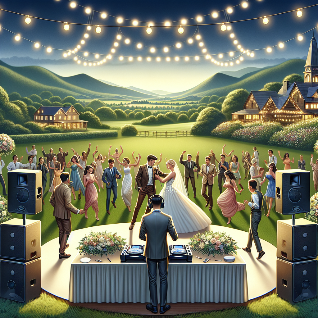 A realistic image of a wedding celebration in Casco, Maine with a DJ setup and the couple dancing.