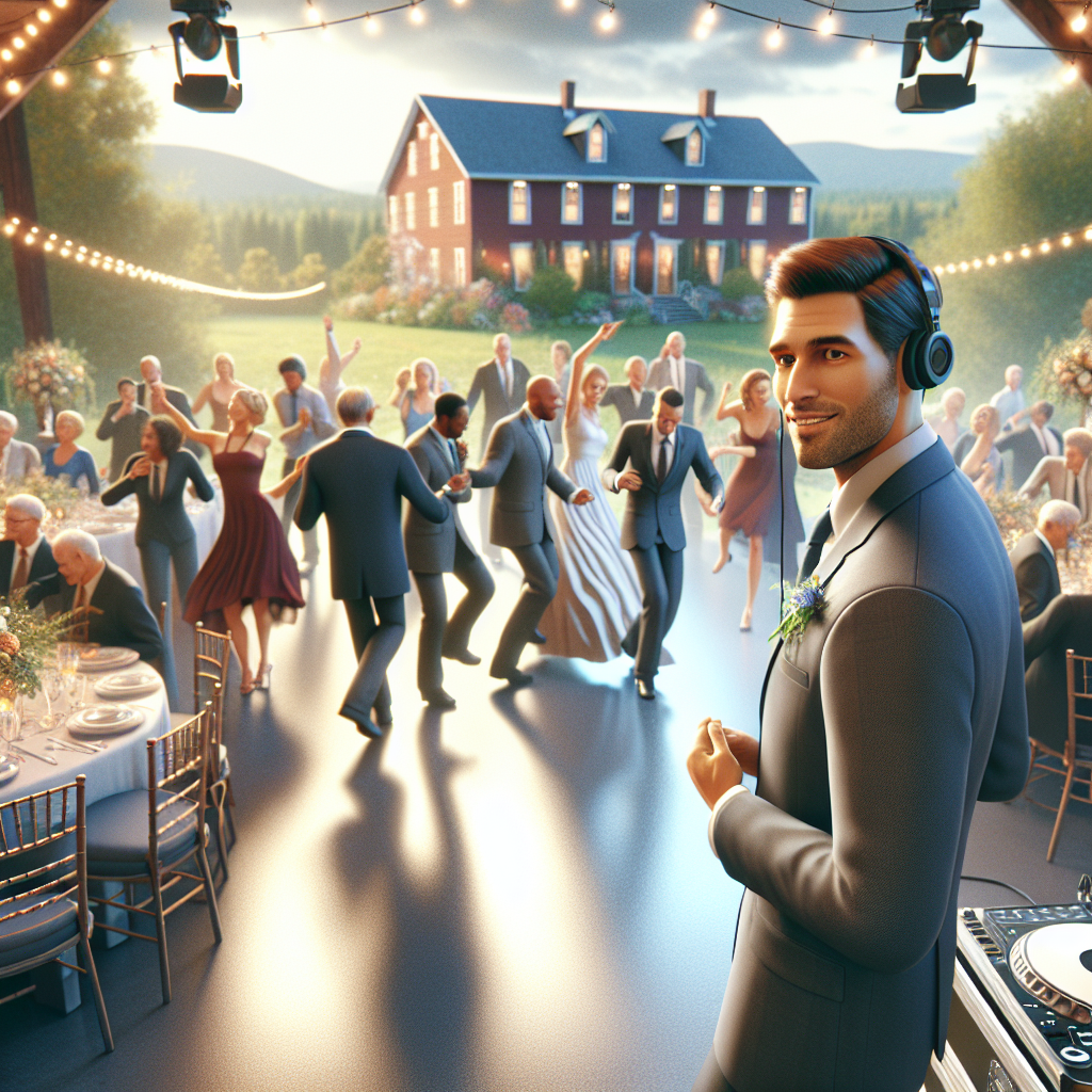 Wedding reception in Casco, Maine with a lively dance floor and professional DJ setup.