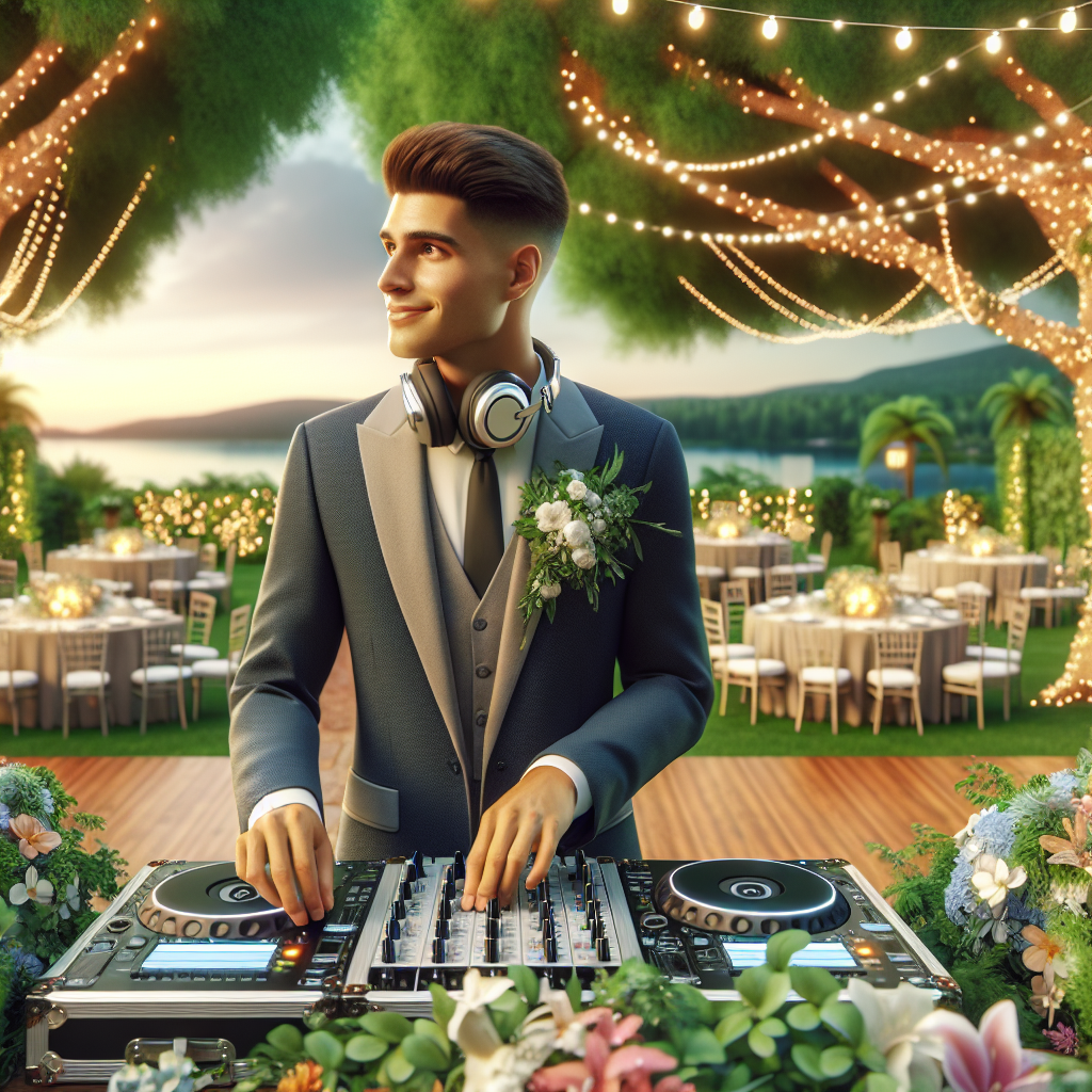 A realistic scene of a wedding DJ setting up in a picturesque outdoor wedding venue with lush greenery, flowers, and a scenic lake.