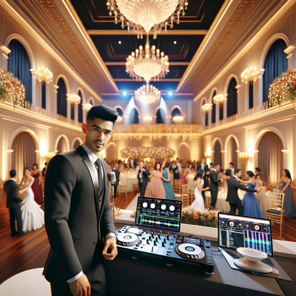A realistic image of a wedding DJ setup at an elegant venue in Canton, Maine, featuring a DJ in action with modern sound systems and lighting, surrounded by dancing couples.