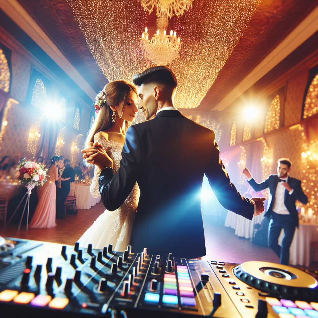 A realistic wedding reception in Canton, Maine with a professional DJ setup, DJ engaging with guests, and a couple having their first dance.