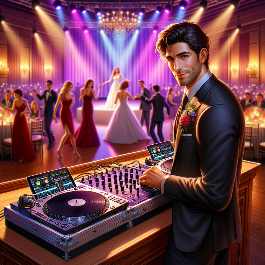 Wedding DJ setup at a wedding reception in Canton, Maine, with couples dancing and stunning lighting.