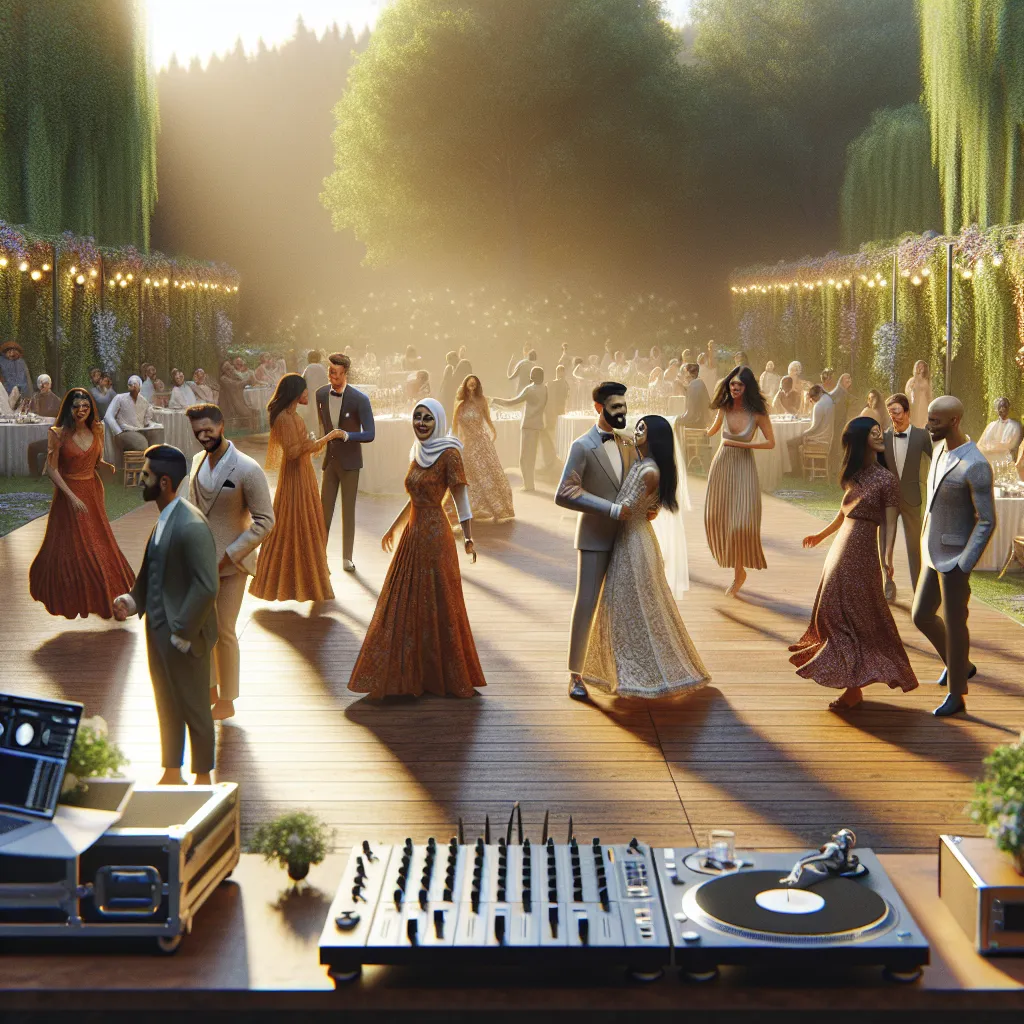 A wedding in Steep Falls, Maine featuring a couple dancing outdoors with a DJ setup.