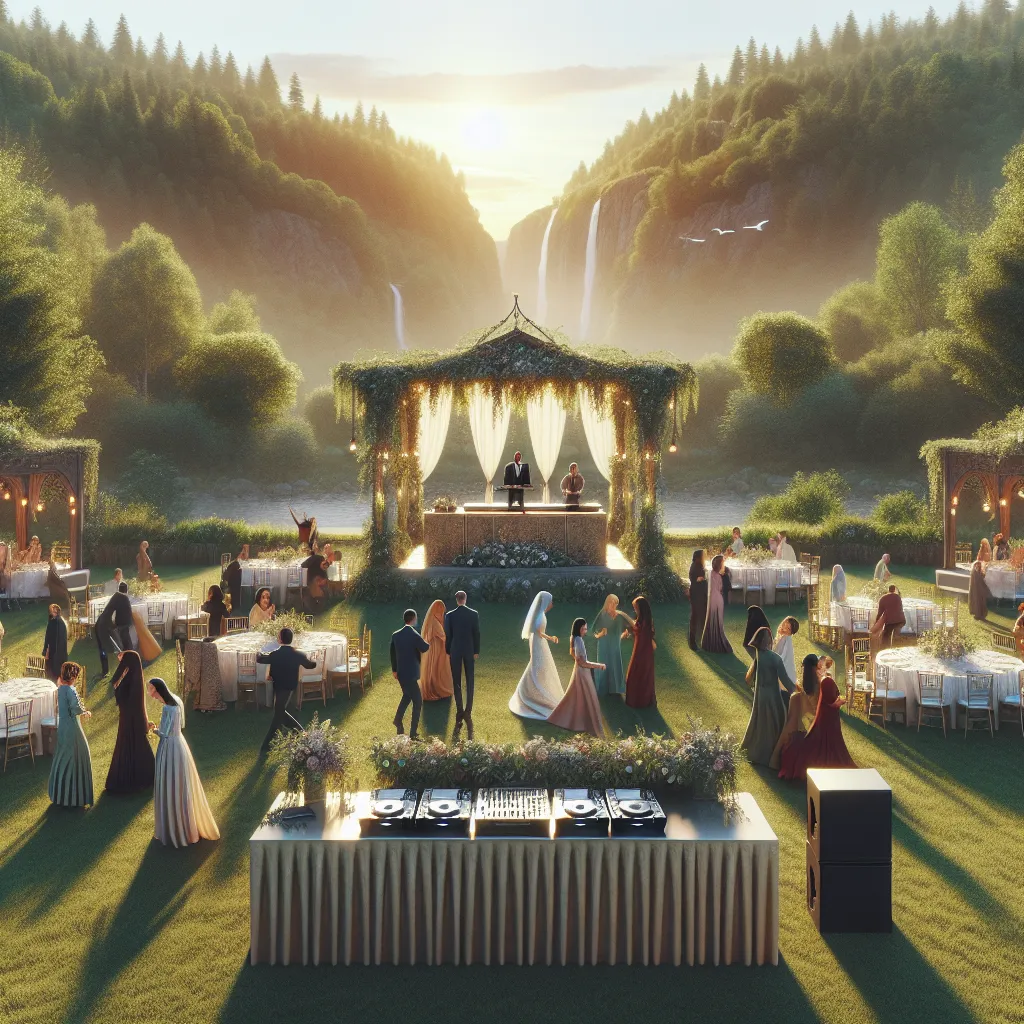 Wedding celebration in Steep Falls, Maine with DJ booth and dancing guests.