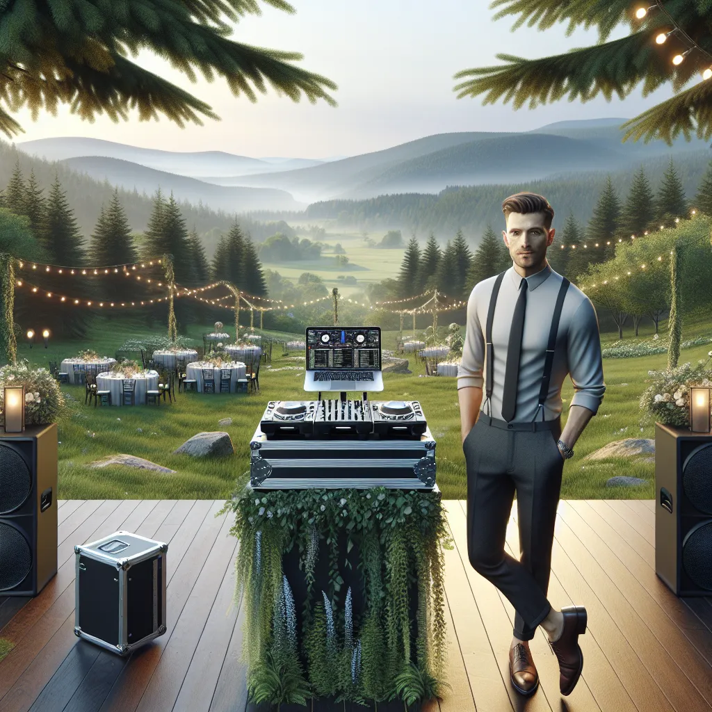 A wedding scene in Steep Falls, Maine with a DJ and audio setup in a serene landscape.