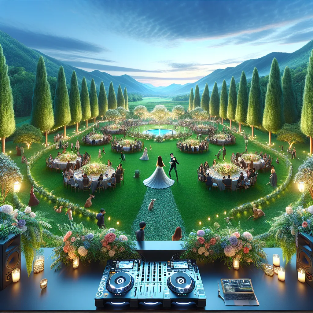 A scenic wedding event in Steep Falls, Maine, focusing on a DJ and a festive atmosphere.