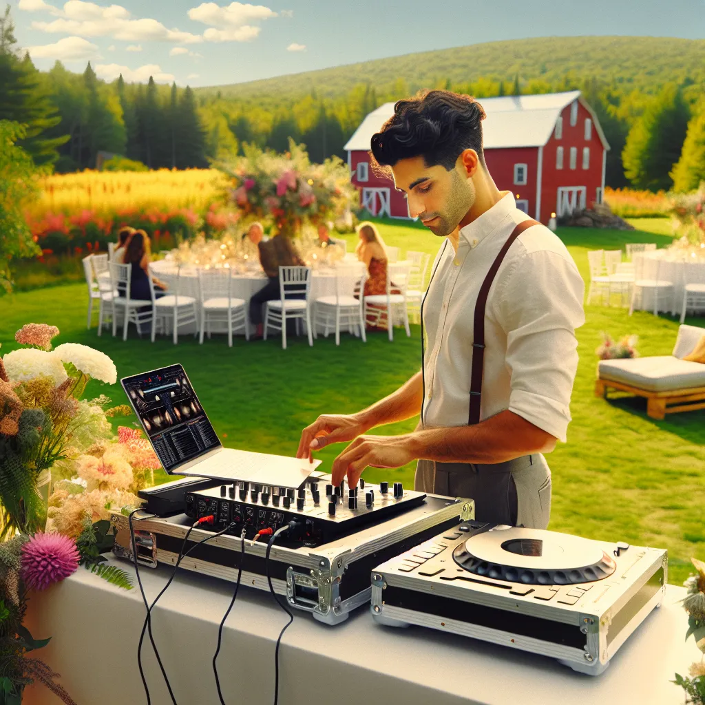 A wedding DJ booth in a picturesque Bowdoin, Maine setting with a professional DJ and modern setup.